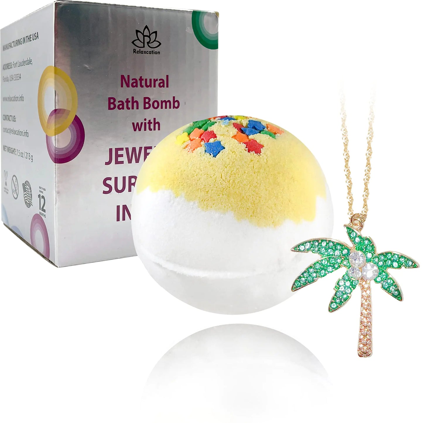 Handmade Bath Bombs with Jewelry Necklace Inside - Beautiful Palm Tree Inside - Fruity Scent with Treasures Inside - Organic Bathbomb in Gift Box for Women Girls Her Mother